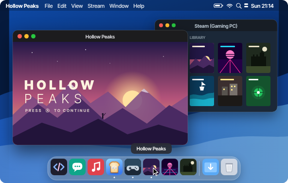 A game from the PC and the PC's Steam as windows on a Mac, the game in the Dock